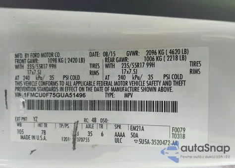 2016 Ford Escape S z USA, uszkodzony, nr VIN 1FMCU0F75GUA51496